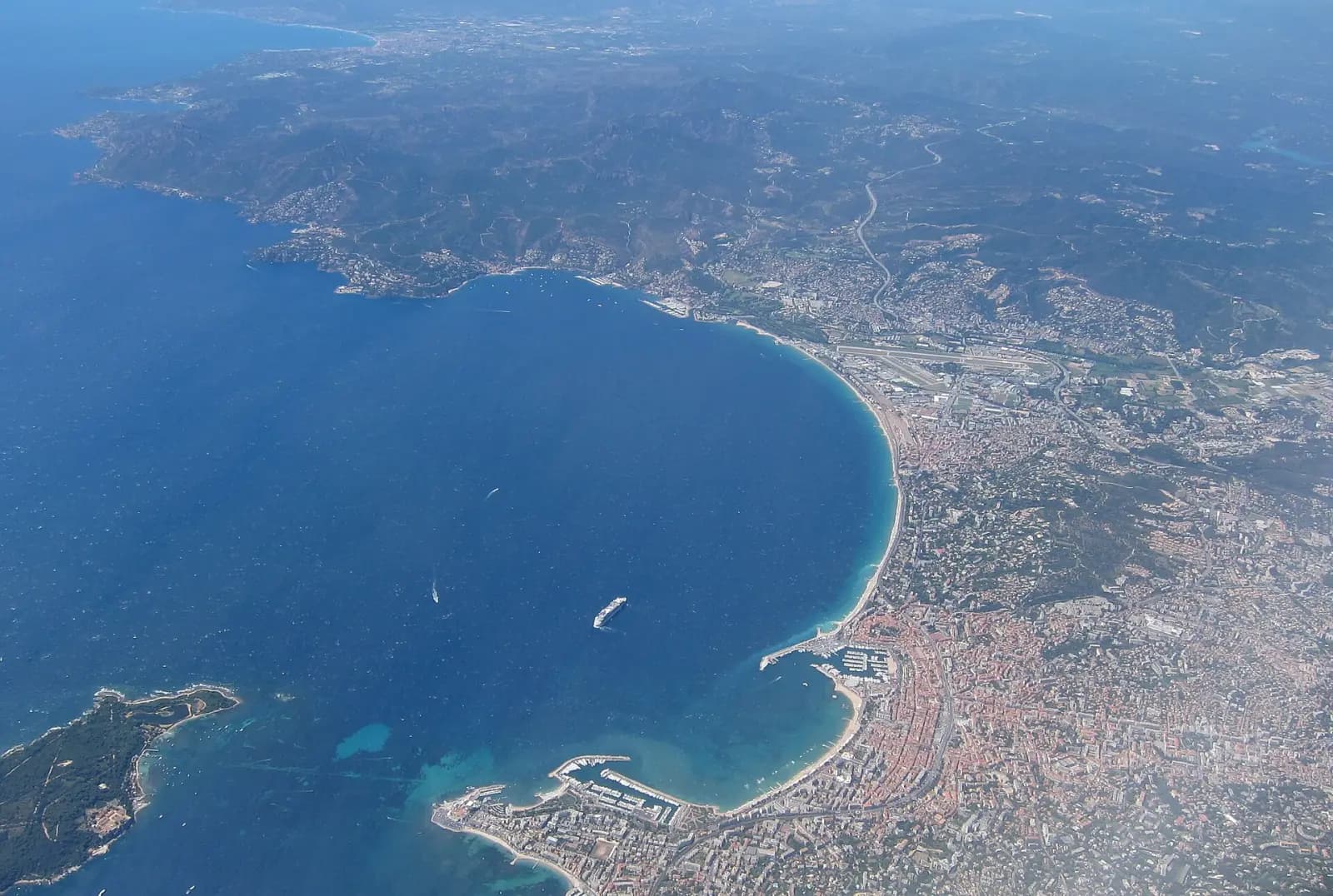 Aerial view of the Bay of Cannes, from the Pointe de la Croisette to the Lérins Islands