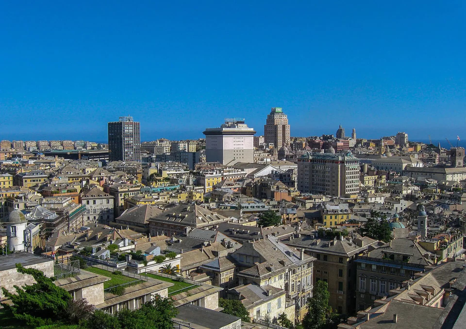 Panorama over the rooftops and bell towers of Genoa down to the sea, from the Castelletto viewpoint