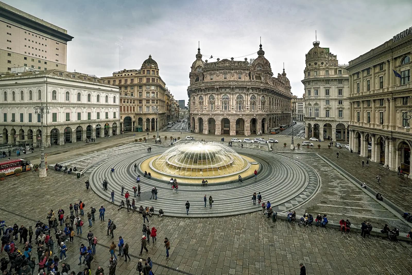 Piazza De Ferrari and its fountain seen from the Palazzo Ducale