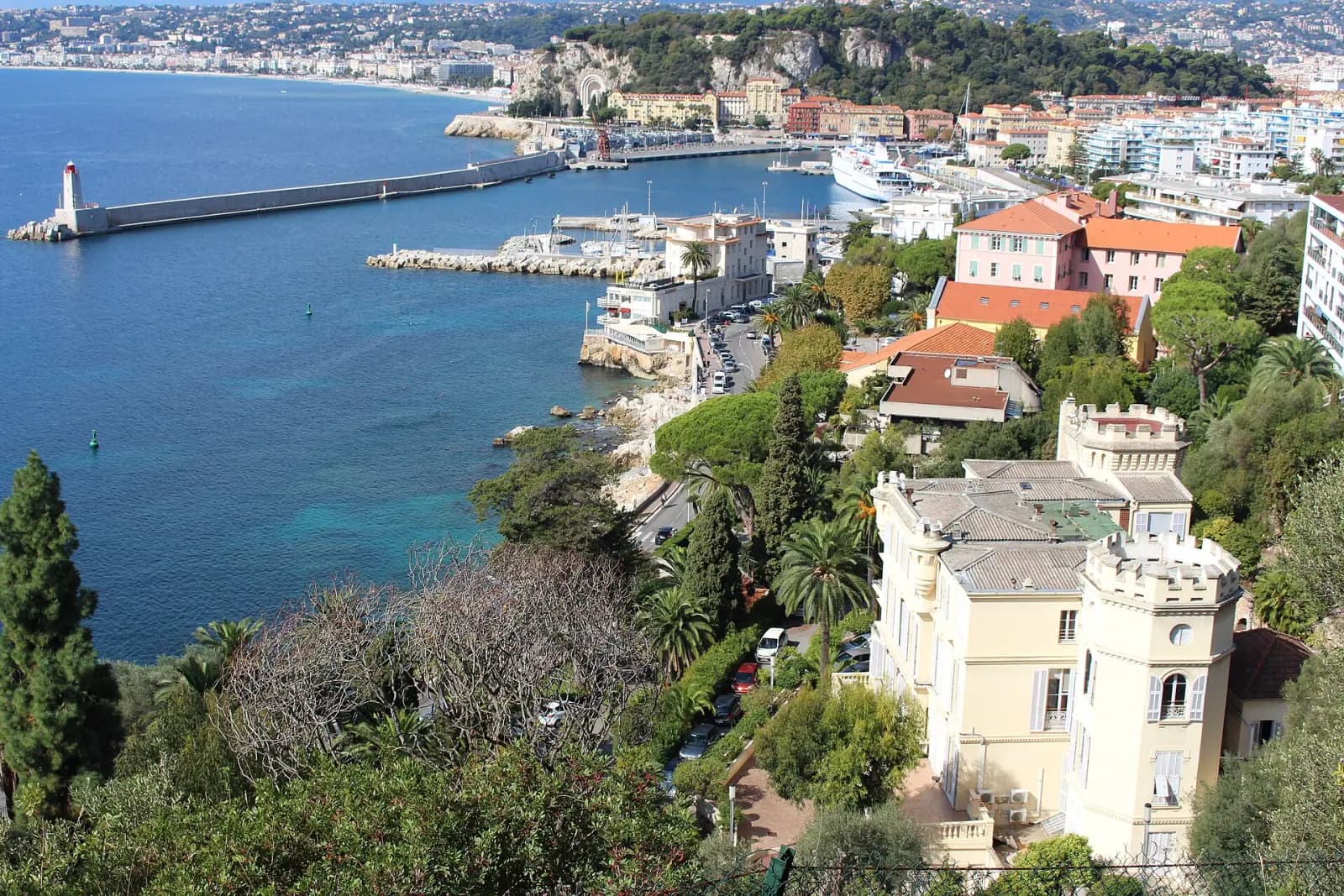 The entrance to Nice harbour, Castle Hill and the Bay of Angels seen from Boulevard Carnot