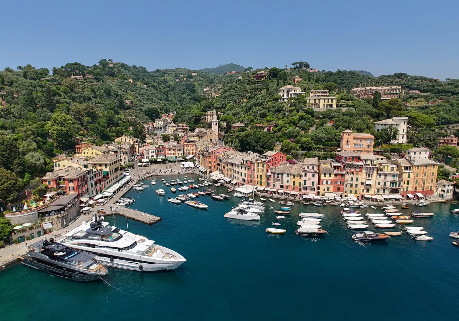 Blick von oben auf den Hafen von Portofino mit Yachten, bunten Häusern und bewaldetem Hang