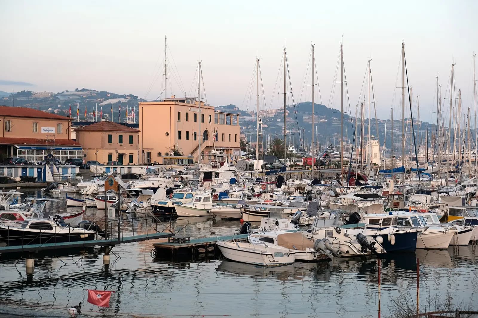 Veleros amarrados en el puerto de Sanremo, con la ciudad y las colinas al fondo