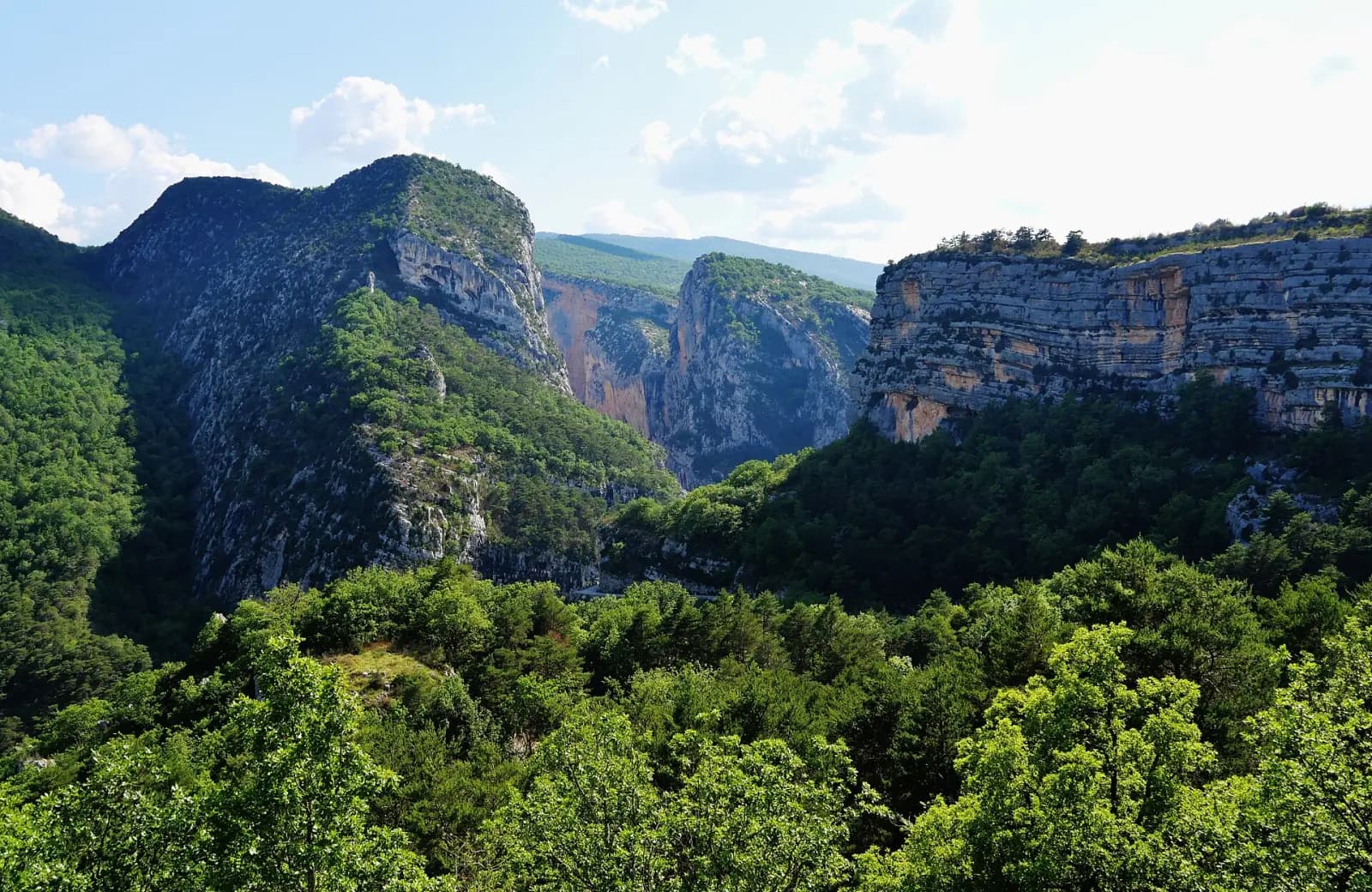 The entrance to the Grand Canyon du Verdon seen from Point Sublime, between cliffs and wooded slopes